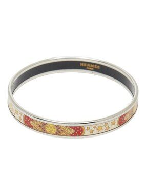 Hermes Enamel PM Cloisonne Bangle Silver Red Yellow Metal Bracelet